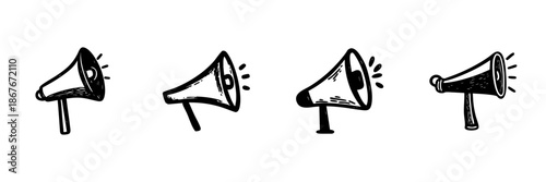 Megaphone Icons In Hand Drawn Style Set. Communication, Announcement, Public Speaking Doodle Sketch Collection. Marketing And Promotion Tools. Isolated Vector Illustration