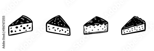 Cheese Wedge Illustrations In Hand Drawn Style Set. Dairy Product Variety, Cheese Tasting, Culinary Art Doodle Sketch Collection. Food And Cooking Theme. Isolated Vector Illustration