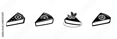 Slices Of Citrus Cheesecake In Hand Drawn Style Set. Dessert Variety, Lemon And Lime Toppings Doodle Sketch Collection. Sweet Treat Illustrations. Isolated Vector Illustration