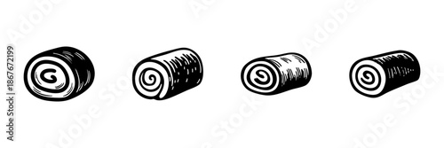 Rolled Cake Slices In Hand Drawn Style Set. Sweet Dessert, Pastry, Bakery Doodle Sketch Collection. Confectionery Illustration. Isolated Vector Illustration