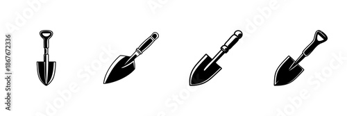 Garden Trowel Icons In Hand Drawn Style Set. Gardening Tools, Planting, And Soil Cultivation Doodle Sketch Collection. Horticulture Equipment Illustrations. Isolated Vector Illustration