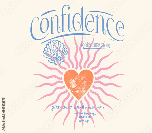 love sign with sun in heart shape, confidence typography slogan, sea shell drawing, hand writing font. girl's graphics. 
