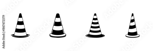 Traffic Cones In Hand Drawn Style Set. Road Safety, Construction Zone, Hazard Warning Doodle Sketch Collection. Isolated Vector Illustration