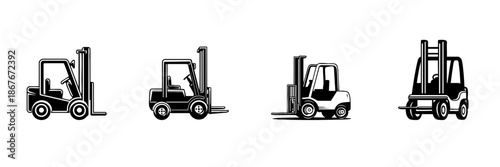 Forklift Icons In Hand Drawn Style Set. Industrial Equipment, Warehouse Logistics, Material Handling Doodle Sketch Collection. Heavy Machinery Illustration. Isolated Vector Illustration