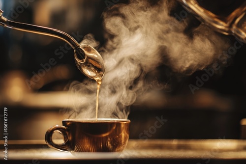 Artisanal Coffee Pour: A close-up shot of hot coffee being poured from a spoon into a ceramic mug, capturing the rich aroma and warmth.