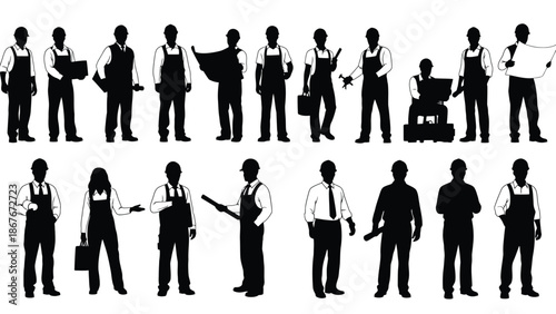 Diverse group of workers in silhouette showcasing various professions and poses