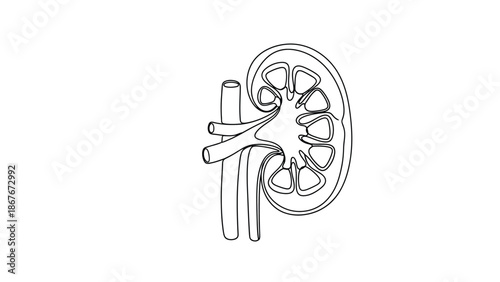 Detailed anatomical illustration of a human kidney with labeled structures