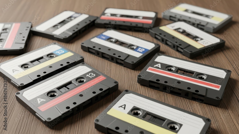 Obraz premium Collection of vintage cassette tapes on wooden surface