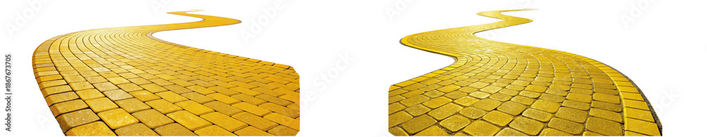 Two winding yellow brick roads with detailed textures and light reflections are displayed on transparent background