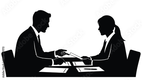 A silhouette of a business meeting with two professionals and paperwork