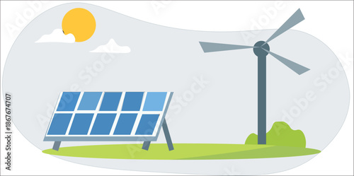 Print Renewable Energy Concept with Wind Turbines, Solar Panels, Sun and Green Grass – Clean Sustainable Power and Eco Friendly Future
