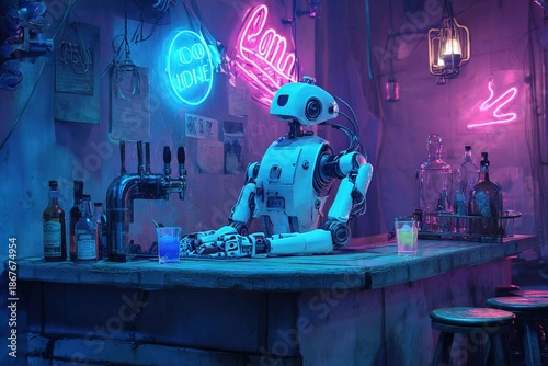 robotic bartender serving glowing cocktails under flickering neon signs