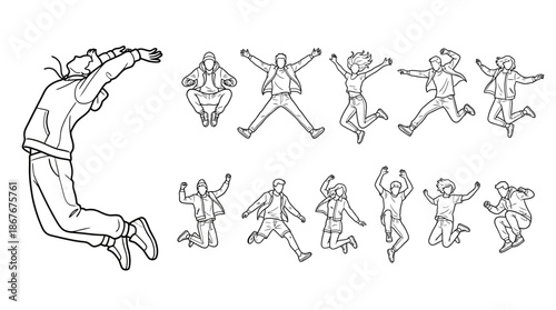 Jumping Pose Line Drawing Vector Set Featuring Dynamic Human Motion for Sports Design, Movement Studies, and Expressive Art Projects
