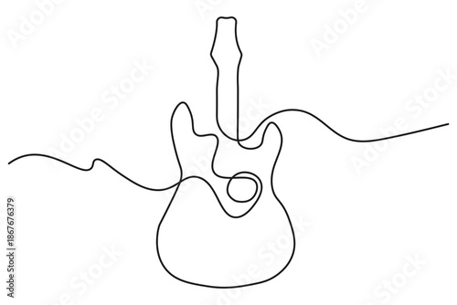 Abstract single line art modern illustration double cutaway electric guitar with a playful melodic line for pop music themes.