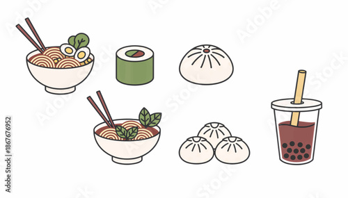 Asian food vector icon set. Ramen sushi dumplings and bubble tea illustration. Flat design isolated on white background