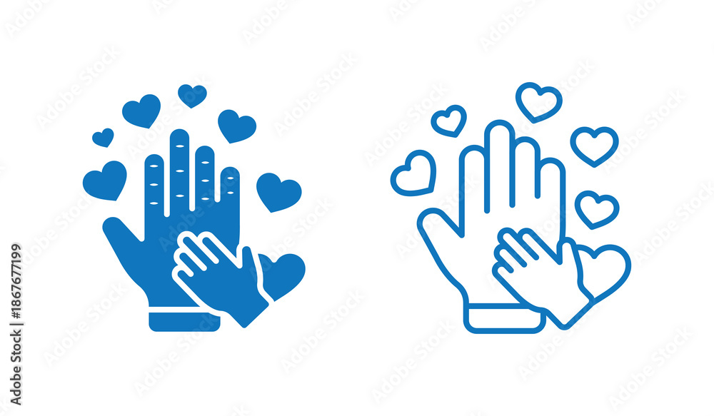 Obraz premium Child care line and fill icon. Hands holding heart icon.