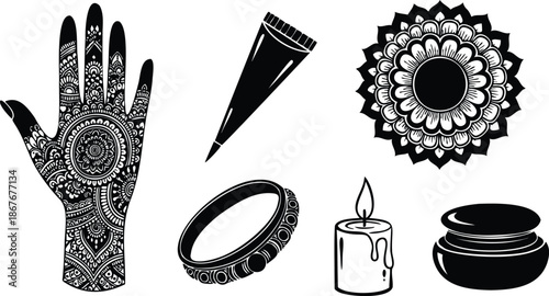 Traditional mehndi style hand with detailed henna patterns bangle and cone mandala candle and ink pot set for wedding and diwali celebration festive ceremony bride closeup