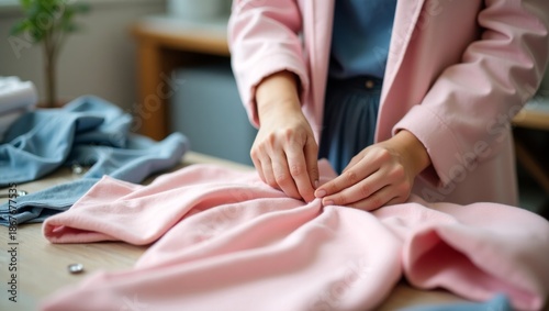 A woman in a pink blazer works on a pink fabric, folding and smoothing it out on a wooden table.
