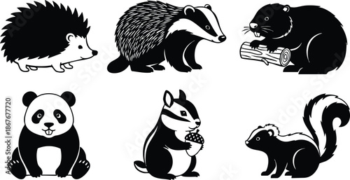 Flat vector silhouette collection of hedgehog badger beaver panda chipmunk squirrel skunk in playful side poses black and white bold shapes isolated on white background nature