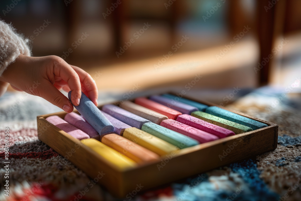 Fototapeta premium Chalk Drawing Child's Hand Selects Colorful Chalk Sticks for Vibrant Art