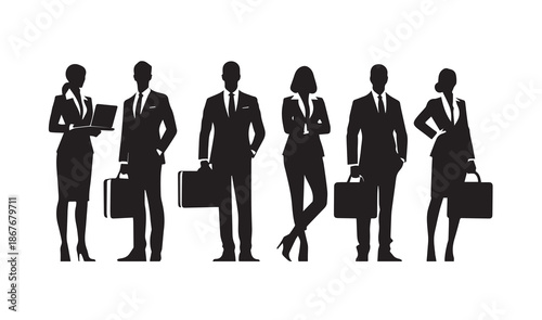 Silhouette of business people group: Corporate team of men and women standing isolated on white