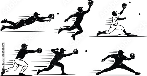 Flat vector silhouette set of baseball fielders diving jumping and stretching to catch balls with motion lines side view dynamic sports poses ground sliding leap action