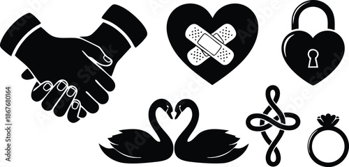 Flat design black silhouette romantic icon set with joined hands bandaged heart padlock swans love knot engagement ring clean minimal vector composition simple bold isolated centered