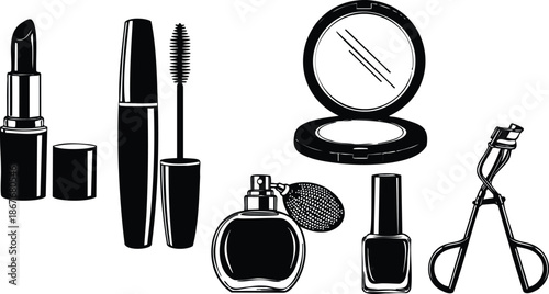 Line art makeup set close up lipstick and mascara with compact mirror perfume bottle nail polish and eyelash curler on white background bold ink contrast minimalist