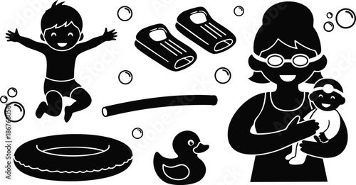 Flat design silhouette mother holding baby and smiling swimmer child jumping with swim ring flippers noodle rubber duck pool accessories playful summer vector icons family beach