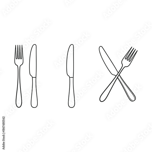 Minimalist line drawing of cutlery including forks knives and crossed utensils