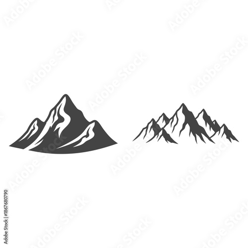 Silhouettes of majestic mountain ranges against a simple white background