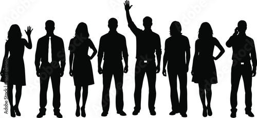 a group of silhouetted people are shown in a row some waving and engaged in different actions suggesting a diverse gathering