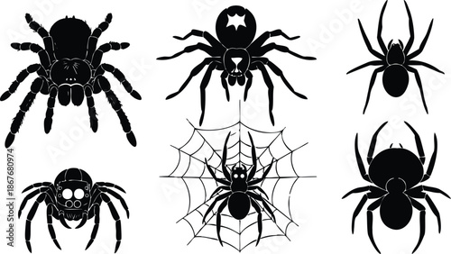 Flat design close up black spider silhouettes set with web and multiple arachnid poses isolated on white background high contrast graphic elements vector decorative sticker collection