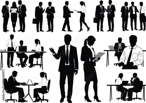 A collection of silhouetted business people engaged in various office activities such as meetings presentations and working at desks high quality