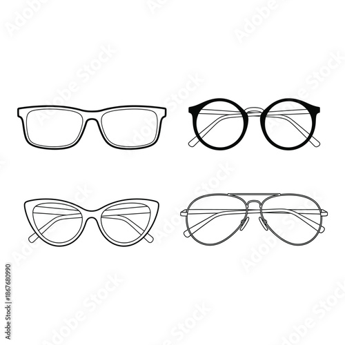 A collection of four different styles of eyeglasses in black and white