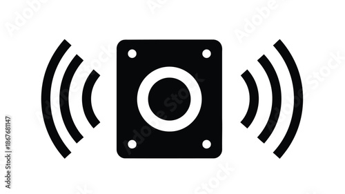 Black and white illustration of a speaker emitting sound waves on a white background