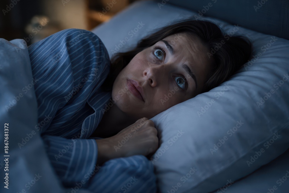 Obraz premium Woman Lying Awake In Bed Suffering From Insomnia At Night. Thoughtful woman staring at the ceiling while lying in bed, unable to sleep, showing insomnia.