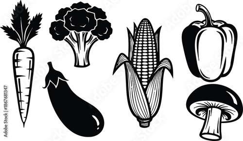 Line art top down arrangement of carrot broccoli corn eggplant bell pepper and mushroom isolated vector icons with engraved details bold black composition hand drawn retro
