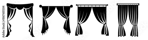 Collection of diverse curtain styles and drapes presented as elegant black silhouettes Vector