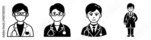 Simple black and white avatars and icons of male doctors and medical professionals Vector