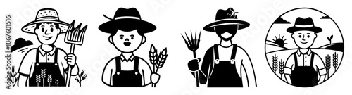 Happy farmer characters working in the fields with tools and crops during harvest season Vector