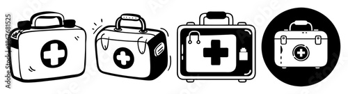 Four unique black and white illustrations of essential first aid kits for health safety Vector