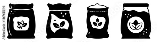 Four distinct black icons depicting bags of agricultural product with plant leaf designs Vector