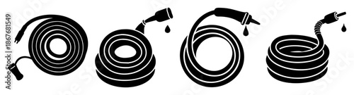Collection of coiled garden hoses with nozzles, some dripping water, for various watering tasks Vector
