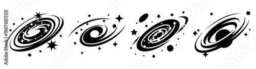 Set of black and white spiral galaxy icons with stars depicting cosmic space wonders Vector