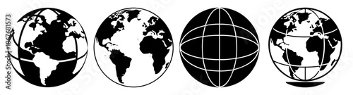 Collection of various globe icons in black and white, depicting world maps and spherical grids Vector