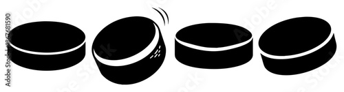 Dynamic illustration of multiple ice hockey pucks, some appearing to be in motion or tilted Vector