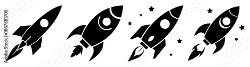 Collection of black cartoon rocket icons illustrating space travel, launch, and upward growth Vector