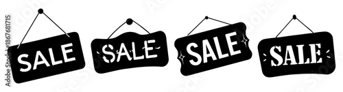 Collection of four distinct black hanging sale signs announcing discounts and promotions Vector