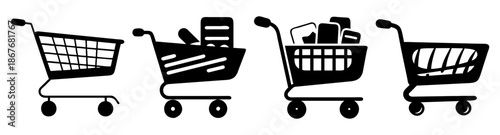 A collection of diverse shopping cart silhouettes representing consumerism and e-commerce concepts Vector